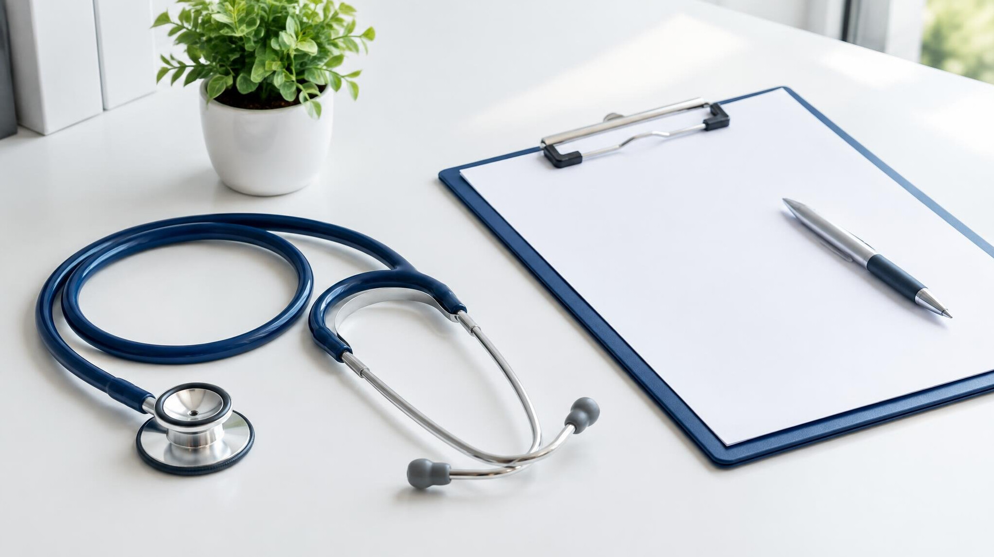 Stethoscope and clipboard on a medical desk