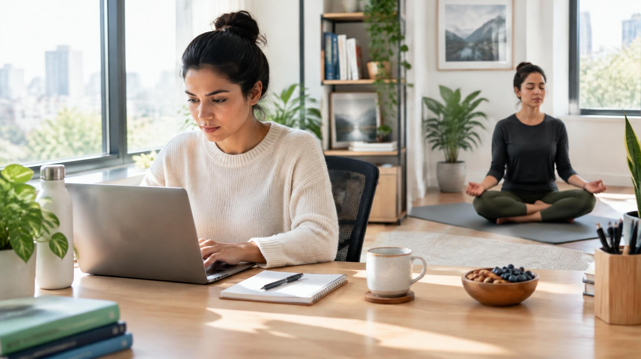 person working focused at desk