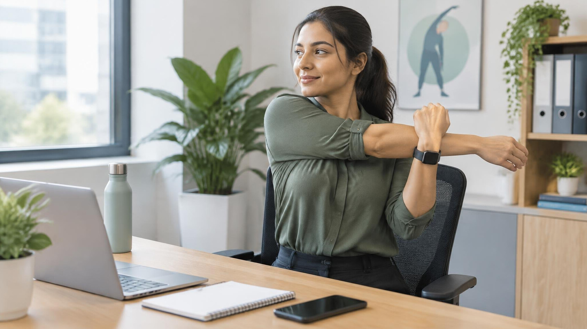 office worker stretching at desk