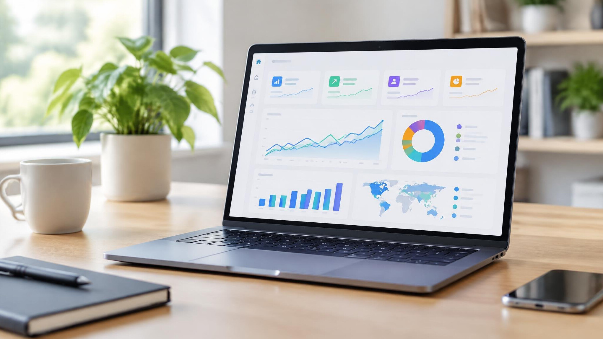 Laptop displaying analytics dashboard with charts
